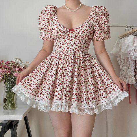 The Alice dress in a strawberry cotton print. One of my og designs 💋💋 #frilie Lucky Vicky, Alice Dress, Strawberry Dress, Summer Sewing, Ways To Show Love, Kawaii Core, New Outfits, Fashion Inspo Outfits, Sundress