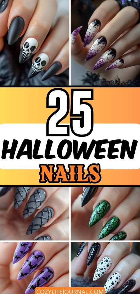 Collage of Halloween-themed nail designs featuring skulls, spiders, and webs in black, purple, and green. Unique Halloween Nails, Cool Halloween Nails, Spooky Nail Designs, Nail Ideas Halloween, Glittery Pumpkins, Spooky Halloween Nails, Nails October, Nails November, Spooky Nail