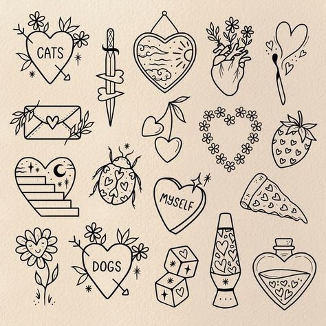 Animal Doodle Tattoo, Meaningful Flash Tattoos, Flash Tattoo For Couples, Fun Flash Tattoo Ideas, Tattoos To Color In, 2 In Tattoos, Medium Simple Tattoos, Groovy Flash Tattoo, Aesthetic Tattoo Flash