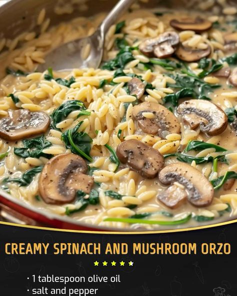 Spinach Mushroom Orzo, Creamy Orzo Recipes, Chicken Spinach Mushroom, Mushroom Orzo, Creamy Orzo, Spinach And Mushroom, Mushroom Spinach, Spinach Mushroom, Orzo Recipes