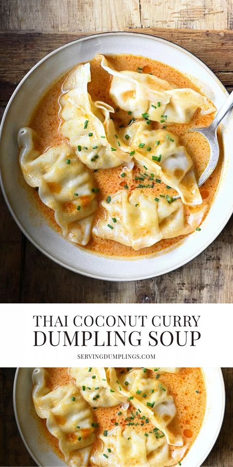 Thai Coconut Curry Dumpling Soup Work Soup Lunch, Healthy 10 Minute Dinners, Thai Coconut Curry Dumpling Soup, Coconut Wonton Soup, Thai Coconut Potsticker Soup, Creamy Coconut Soup, Coconut Curry Wonton Soup, Thai Potsticker Soup, Wontons In Curry Broth