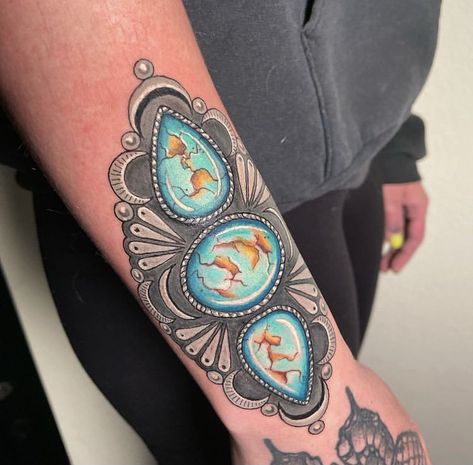 Western Bracelet Tattoo, Leather Tattoo Ideas, Leather Design Tattoo, Turquoise Tattoo Stone, Turquoise Bracelet Tattoo, Southwest Tattoo Design, Turquoise Jewelry Tattoo, Turquoise Stone Tattoo, Western Turquoise Tattoo