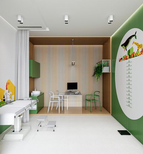 School Medical Room Design, School Clinic Design, Paediatric Doctor Clinic Interior, Pediatrics Clinic Interior Design, Small Pediatric Clinic Design Interiors, Family Clinic Design, Outpatient Clinic Design, Pediatric Clinic Decor, Pediatric Healthcare Design