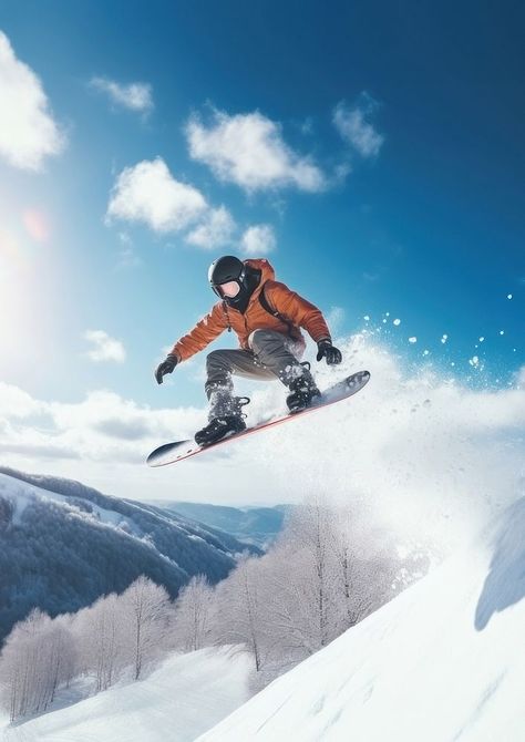 a photo of the man jumping with snowboard from the hill. AI generated Image by rawpixel. | free image by rawpixel.com / Hein Winter Sport Aesthetic, Snowboarding Jump, Snowboard Jump, Snowboarding Tips, Snowboarding Aesthetic, Man Jumping, Snow Boarding, Vision Board Pictures, The Hill