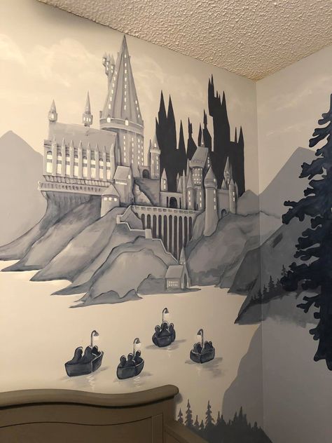 Harry Potter Mural Ideas, Harry Potter Bedframe, Hogwarts Wall Painting, Harry Potter Castle Silhouette, Hogwarts Mural, Corner Wall Mural, Harry Potter Wall Painting, Hogwarts Nursery, Harry Potter Wall Mural