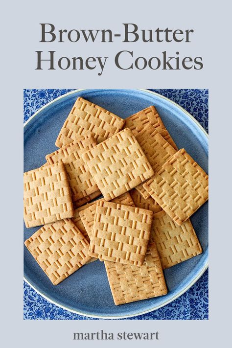 Just a few touches take this cookie from ordinary to extraordinary. Brown butter gives it a lovely nutty flavor, a small amount of cardamom adds just enough spice, and rolling the dough with an embossed rolling pin supplies a beautiful pattern. #marthastewart #recipes #recipeideas  #dessert #dessertrecipes Cookie Dough For Embossed Rolling Pin, Embossed Rolling Pin Cookie Recipes, Cookie Dips, Cookie Recipe For Embossed Rolling Pin, Stamped Cookies, Martha Stewart Cookies, Honey Cookies Recipe, Patterned Rolling Pin, Embossed Cookies