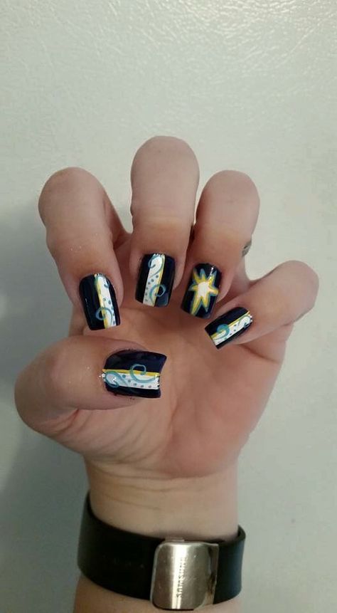 Royal blue, white, yellow, baby blue Tampa Bay Rays Nails, Yellow Baby, Tampa Bay Rays, Street Design, Cute Nail Designs, Tampa Bay, How To Do Nails, Cute Nails, Baby Blue