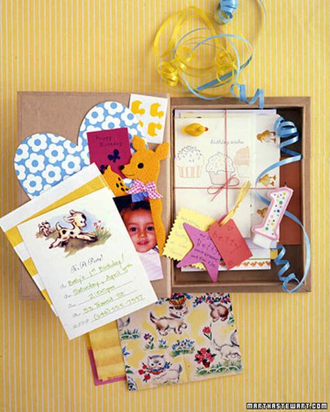 33 Ways to Turn Your Favorite Memories into a Treasured Keepsake | Birthday Memory Box - You can't keep your little one from growing up too fast, but by filling a box with birthday mementos, you can capture a moment in time. #craftideas #crafting #marthastewart Photo Storage Box, Custom Scrapbook, Baby Memory Box, Box Wrapping, Birthday Traditions, Baby Keepsakes, Martha Stewart Crafts, Birthday Keepsakes, Summer Scrapbook