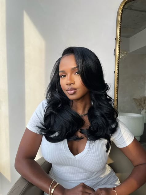 Wavy Curls Black Women, Loose Curls Medium Length Hair Black Women, Uneven Layers Haircuts, Deep Side Part Black Women, Shoulder Length Sew In Weave Side Part, Sew In Wedding Hairstyles, Heart Shaped Face Hairstyles Black Women, Butterfly Cut Black Women, Layers On Black Women