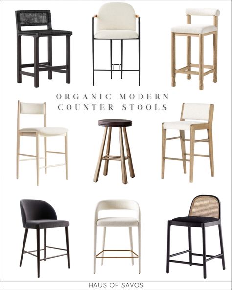 Modern Farmhouse Barstools, Transitional Counter Stools, Modern Organic Kitchen, Modern Kitchen Stools, Modern Bar Stools Kitchen, Organic Modern Kitchen, Black Counter Stools, Rattan Counter Stools, Counter Stools With Backs