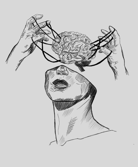 Brain In Head Drawing, Trapped In My Own Mind Sketch, Rotting Brain Drawing, Busy Mind Drawing, Brain Sketch Art, Psychology Sketches, Get Out Of My Head Art, Mind Drawing Thoughts, Head Full Of Thoughts Drawing