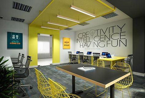 Fun Office Design Work Spaces, Yellow Office Decor, Coworking Office Design, Fun Office Design, Creative Office Design, Yellow Office, Office Wall Design, Small Office Design, Office Design Inspiration