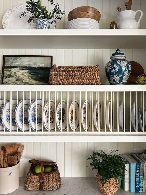 How to Style Open Shelving in a Kitchen (+ secret ingredients to add to the mix!) - The Inspired Room Coastal Cottage Kitchen, Freestanding Kitchen Island, Christmas House Tour, Styling Shelves, Plate Rack, Freestanding Kitchen, New England Homes, Up House, Cottage Kitchen