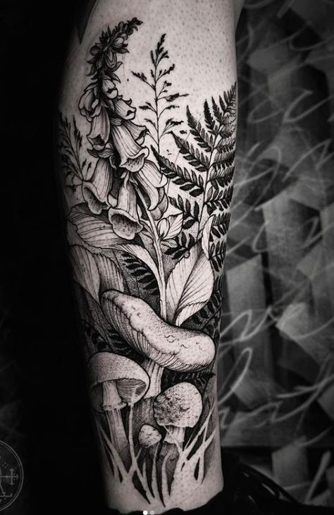 Swamp Sleeve Tattoo, Woodland Arm Tattoo, Vintage Mushroom Tattoo, Black And Grey Botanical Tattoo, Negative Tattoo Sleeve, Forearm Nature Tattoos For Women, Swamp Tattoo Sleeve, Moss Tattoo Nature, Woodland Flower Tattoo