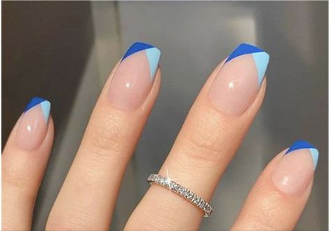 Angular French Tip Nails, Square Acrylic Nails Summer Colour, Dual Tone French Tip Nails, Crossover French Tip Nails, Blue Tip Nail Designs, Color Block French Tip Nails, Two Tone Tips Nails, Half And Half French Tip Nails, Double Color French Tip Nails