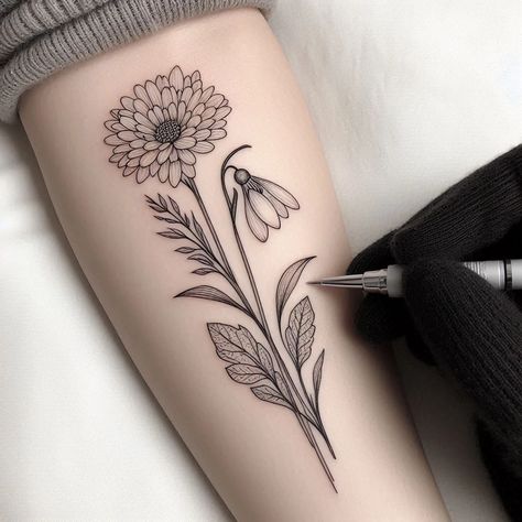 Chrysanthemum & Snowdrop Flower Tattoo for November & January Couples Matching Tattoo Idea, Snowdrop Flower Tattoo, Name Flower Tattoo, Snowdrop Flower, Chrysanthemum Tattoo, Fineline Tattoo, Bouquet Tattoo, Poppies Tattoo, Meaningful Tattoo