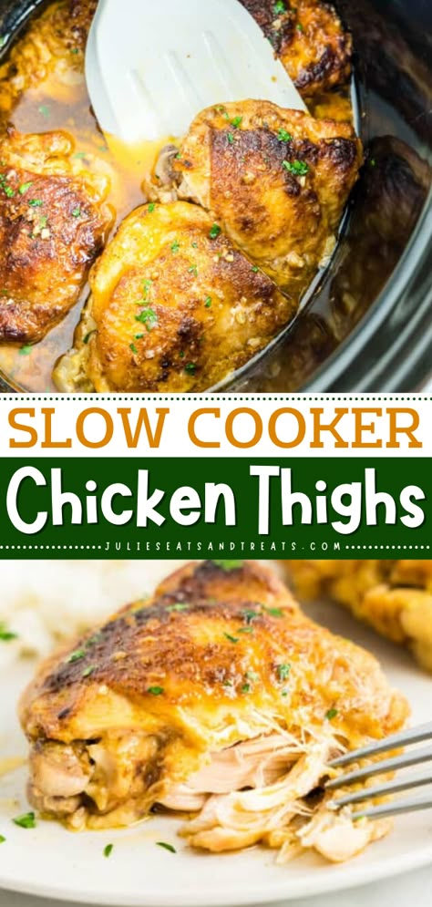 Out of slow cooker chicken ideas? Try these delicious Slow Cooker Chicken Thighs! This chicken recipe is juicy, tender, and perfect for busy weeknights or lazy weekends. Add this to your best slow cooker recipes for the family! Chicken Hindquarters In Crockpot, Delicious Crock Pot Recipes, Healthy Crockpot Chicken Thighs, Chicken Thighs In Crock Pot Recipes, Keto Chicken Thigh Crockpot Recipes, Crockpot Recipes With Chicken Thighs, Crockpot Thighs Bone In, Crockpot Thighs, Rustic Slow Cooker Chicken