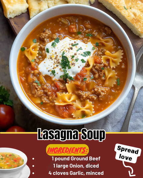 Lasagna Soup brings all the comfort of traditional lasagna into a cosy, hearty soup. It’s packed with rich tomato flavour, tender pasta, and gooey cheese, making it a family favourite for weeknight dinners or lazy weekends. Lasagna Soup With Bow Tie Pasta, Soup With Bow Tie Pasta, Lazana Soup, Lasagna Soup With Cottage Cheese, Lazana Soup Recipe, Soup With Cottage Cheese, Easy Crockpot Lasagna Soup, Comfort Soups, Lasagna Soup Crockpot