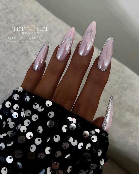 Nails By Minea Bergström | NYE READY 🪩🤍🪩🤍🪩 ————————————————————————— Products used: • Black Collection Twinkle • Fairy Builder Gel Princess • White Ice Chrome… | Instagram Chrome Wedding Nails, Ice Nails, Long Oval Nails, Nails Ice, Nails 2025, Nye Nails, Princess Nails, Megan Hess, Special Nails