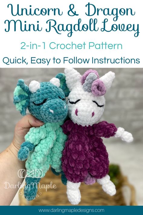 Create the perfect gift for that special someone with Darling Maple Designs’ 2-in-1 Unicorn and Dragon Mini Ragdoll Lovey Crochet Pattern! Our pattern is low sew, so it’s quick and easy to make. With our easy-to-follow instructions, you’ll be able to make a beautiful, one-of-a-kind gift in no time. Keep following us to stay updated on the newest crochet patterns! Crochet Stuffed Unicorn, Dragon Lovey Crochet Pattern Free, Low Sew Crochet Amigurumi, Crochet Snuggler Free Patterns, Lovey Crochet Pattern Free, Crochet No Sew Amigurumi, No Sew Crochet Patterns, Crochet Snugglers, Crochet Stuffys