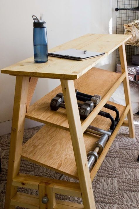 Weight Storage Ideas, Diy Dumbbell, Home Made Gym, Dumbbell Storage, Pocket Hole Joinery, Home Gym Garage, Diy Gym, Diy Home Gym, Basement Gym