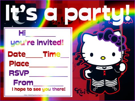 HELLO KITTY COLORING: HELLO KITTY PARTY INVITATIONS Emo Birthday Invitations, Emo Party Invitations, Hello Kitty Party Invitations, Printable Hello Kitty Coloring Pages, Hello Kitty Invitation Card, Printable Hello Kitty, Free Party Invitations, Hello Kitty Invitations, Kitty Birthday Party