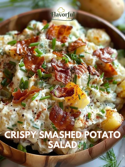 Flavorful side | Crispy Smashed Potato Salad | Facebook Smash Potato Salad, Crispy Smashed Potato Salad, Crispy Potato Salad, Smashed Potato Salad Recipe, Savory Potato Salad, Smashed Potato Salad, Red Curry Noodle Soup, Crispy Baked Potatoes, Potatoe Salad