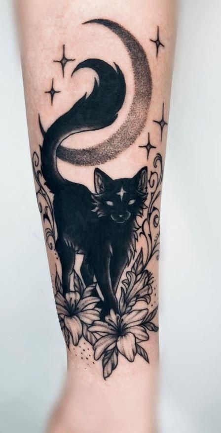 << Check out more Black Cat Tattoos, Ideas and Meanings #tattoomenow #tattooideas #tattoodesigns #tattoos #blackcat #blackcattattoo #cattattoo Black Cat Paw Tattoo, Black And Grey Witchy Tattoos, Cat Spirit Tattoo, Spooky Black Cat Tattoo, Witchy Cat Tattoo Ideas, Black Cat Tarot Card Tattoo, Masculine Cat Tattoo, Cat Shadow Tattoo, Fluffy Black Cat Tattoo