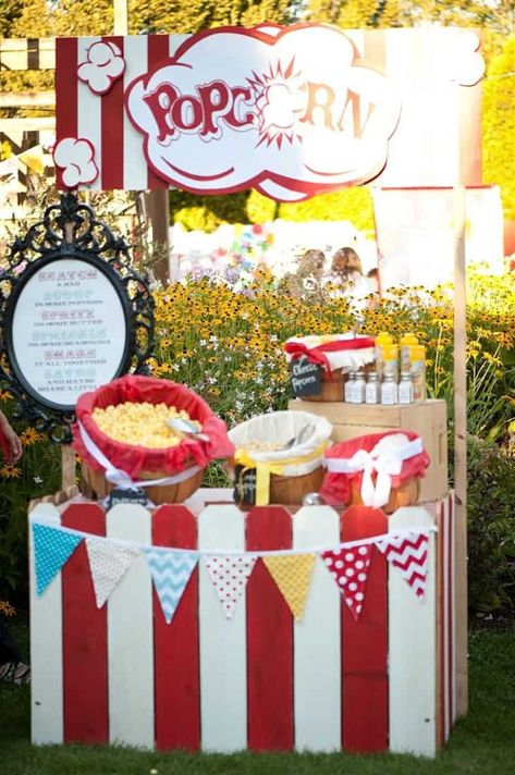 Circus Themed Birthday Party, Wedding Carnival, Popcorn Stand, Fall Carnival, Circus Carnival Party, Carnival Wedding, Carnival Themed Party, Popcorn Party, Movie Night Party