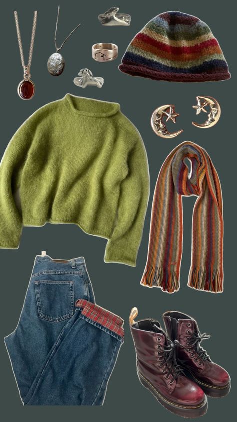 green jumper Funky Winter Outfits, Green Winter Outfits, Hygge Outfit, Teacher Winter Outfits, Dress Winter Outfit, Green Jumper, Winter Outfits Aesthetic, Diy Vetement, Boho Clothes