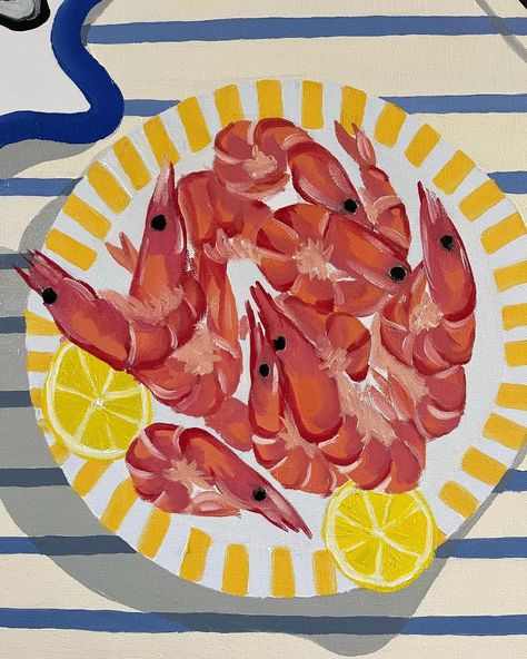 Shrimp Boat Painting, Food Canvas Painting, Shrimp Painting, Widget Themes, Lemon Drawing, Food Paintings, Food Japan, Boat Painting, Japan Design