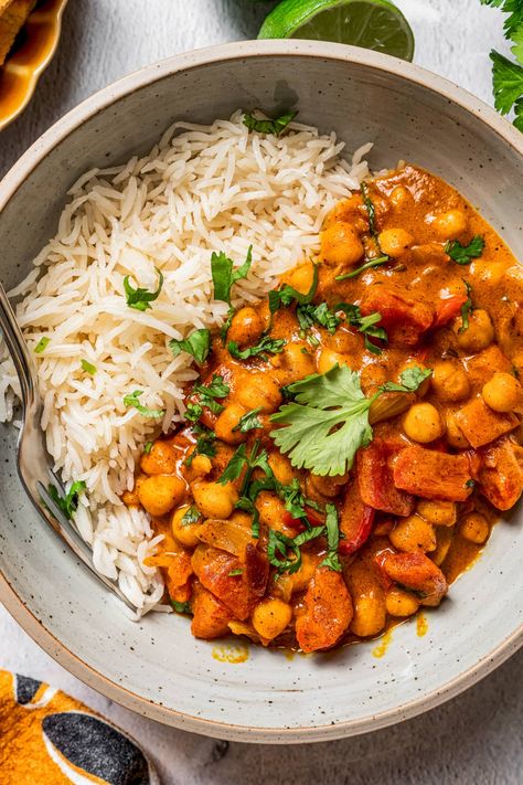 Coconut Chickpea Curry, Grilled Salmon Kabobs, Coconut Chickpea, Toasted Chickpeas, Vegan Chickpea Curry, Roasted Root Veggies, Chickpea Coconut Curry, Jeera Rice, Vegan Curry