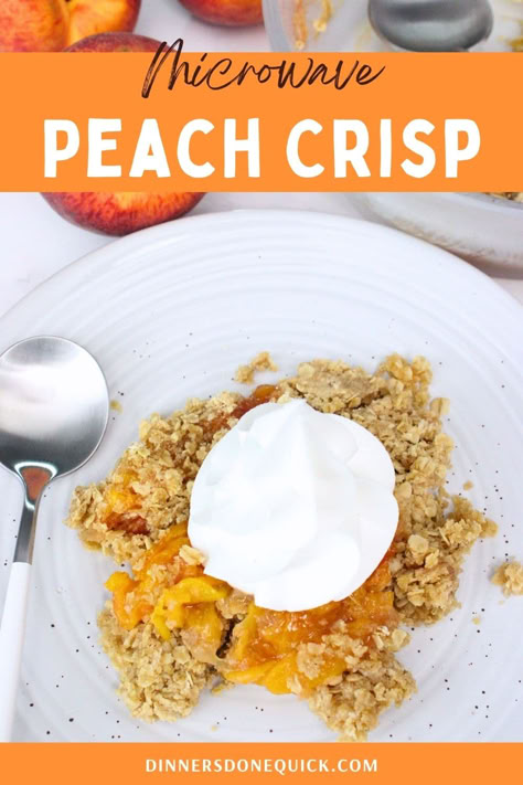 Craving a quick and delicious dessert? Try our no bake Microwave Peach Crisp! This recipe combines juicy peaches with a crispy oat topping, all made in minutes using your microwave. Perfect for when you want a warm, comforting dessert without the wait. Follow our simple steps to create this delightful treat and impress your guests with minimal effort. For more quick and easy recipes, pin and visit Dinners Done Quick! #MicrowaveRecipes #PeachCrisp #QuickDesserts #EasyRecipes #NoBakeDessert Single Serve Peach Crisp Microwave, Microwave Peach Dessert, Microwave Peach Crisp, Peach Crisp For One, Individual Peach Cobbler, Healthy Peach Crisp, Granola Dessert, Microwave Desserts, Nectarine Recipes