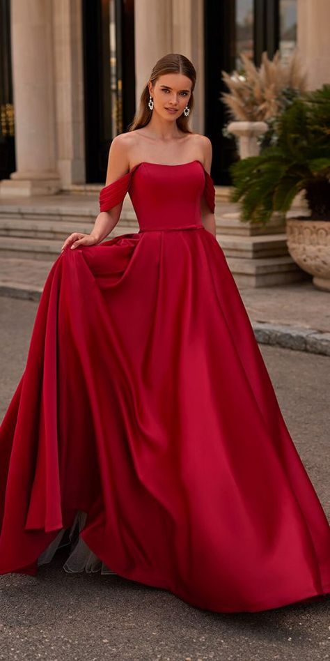 Your Lovely Red Wedding Dresses ★ #bridalgown #weddingdress Red Bridal Gown, Red Wedding Gowns, Red Ball Gowns, Chapel Train Wedding Dress, Red Bridal Dress, Elegant Bridal Gown, Satin Ball Gown, Colourful Wedding, Wedding Gowns With Sleeves