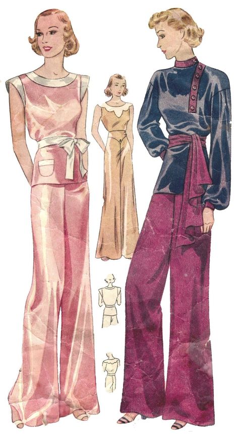 Glam Pajamas, 1930s Pajamas, Beach Pjs, Pajamas Sewing Pattern, Pajamas Sewing, Vintage Fashion 1930s, Vintage Loungewear, Satin Pjs, 1930 Fashion