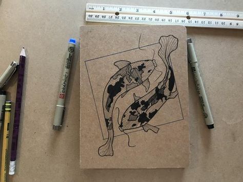 Koi Fish Line Art Sketchbook with White and Brown Paper Diy Sketchbook, Sketchbook Ideas Inspiration, Small Sketchbook, Sketchbook Cover, Toned Paper, Sketchbook Drawing, Arte Sketchbook, Paper Drawing, Etsy Art