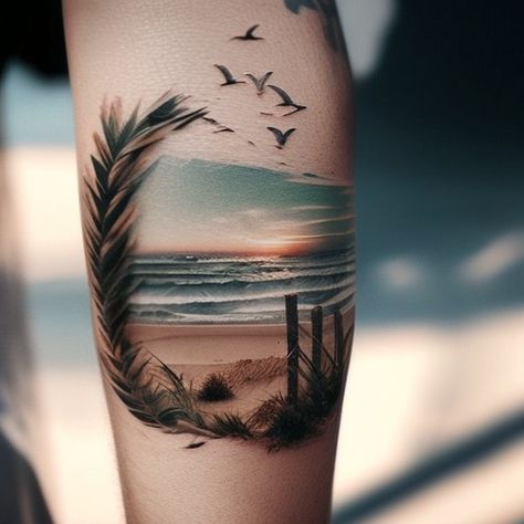 Boardwalk Tattoo Ideas, Sunset And Ocean Tattoo, Seaglass Tattoo Ideas, Sunset Tattoos For Women Color, Ocean And Beach Tattoos, Half Sleeve Beach Tattoos For Women, Florida Beach Tattoo, Beach Tattoo Ideas Sleeve, Beach Tattoo Thigh