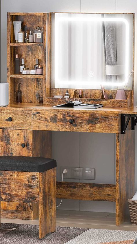 Elevate your morning routine with our IRONCK Vanity Desk! Say goodbye to dark mornings with the included LED lighted mirror & enjoy ample storage for your faves Stool For Bedroom, Makeup Station, Vanity Benches, Table With Drawers, Chic Makeup, Lighted Mirror, Storage Stool, Makeup Table, Vanity Desk