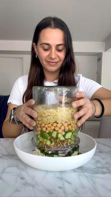 Jamie Milne on Instagram: "follow @everything_delish for more easy recipes 🫶 My most viral video of 2022- 24 million views later, and it’s the Jennifer Aniston “salad” that she actually did not eat on the set of friends for ten years straight! find this delish salad recipe below, and lots more salad recipes coming in 2023 so follow for more! enjoy xx Jennifer Aniston Salad Serves 2 1 cup quinoa 1 cup lite feta, crumbled 2 baby cucumbers, chopped 1 can chickpeas, rinsed and drained 1/3 Jennifer Aniston Salad, Aniston Salad, Cook Quinoa, Lunch Salad, Garlic Clove, Large Jar, Viral Video, Fresh Mint, Healthy Salad Recipes