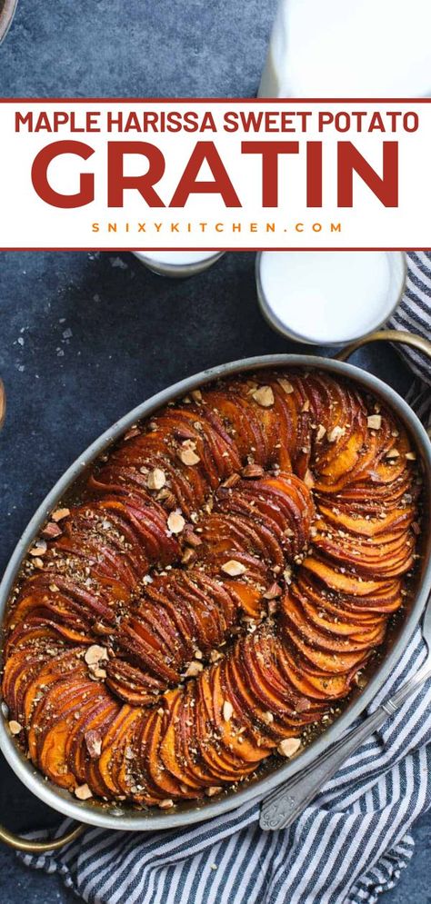 Looking for the best Thanksgiving food ideas? This Maple Harissa Sweet Potato Gratin is an easy Thanksgiving side dish for dinner with red garnet yams, hot chili pepper paste, and topped with roasted almonds and spice seeds. Pin this recipe! Potato Gratin Recipe, Microwave Sweet Potato, Sweet Potato Gratin, Fall Favorites Recipes, Potatoes Au Gratin, Cooking Sweet Potatoes, Potato Gratin, Sweet Potato Casserole, Easter Hair