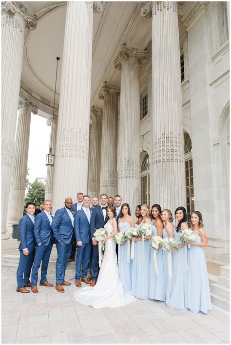 Light Blue And Gold Bridesmaid Dresses, Sky Blue Bridesmaids Navy Groomsmen, Light Blue Bridesmaid With Groomsmen, Bridesmaid Sky Blue Dresses, Dusty Blue Bridesmaid Dresses And Tan Suits, Satin Blue Wedding Theme, Light Blue Groom Suit Bridesmaid Dresses, Navy Suit Light Blue Bridesmaids, Wedding Color Light Blue