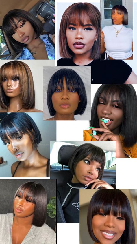 A combination of a light feathery bang and a super short bob Quickweave Bob With Bangs, Quick Weave Bob With Bangs, Bob With Bangs For Black Women, Chinese Bang Bob, Super Short Bob, Super Short Bobs, Chinese Bangs, Weave Bob, Dreadlocks Hair Care