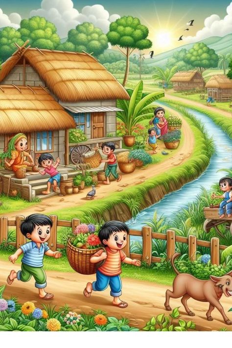 A 77 pieces jigsaw puzzle from Jigidi Village Life Drawing, Village Life Painting, Village Scene Painting, Village Scene Drawing, Scenery Drawing For Kids, Free Cartoon Characters, Oil Pastel Drawings Easy, Drawing Scenery, Iphone Wallpaper For Guys