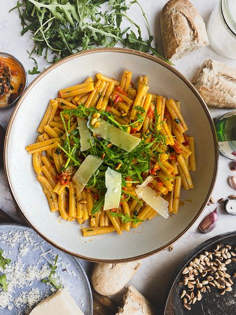 ROASTED RED PEPPER AND NDUJA PESTO Beautiful Dinner, Roasted Red Pepper, Parmigiano Reggiano, Roasted Red Peppers, Pine Nuts, Fresh Basil, Red Pepper, Red Peppers, Frying Pan