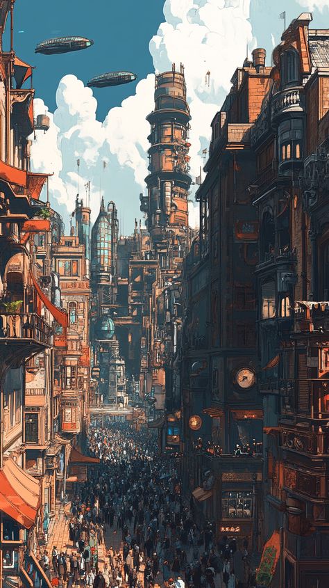 🌆✨ Step into a world where the past meets the future! This stunning illustration captures a bustling city street in a vibrant steampunk environment. With towering gears, intricate gadgets, and an eclectic crowd, every detail tells a story of innovation and adventure. 🛠️🚶‍♂️🚶‍♀️ Let your imagination roam free in this enchanting fusion of Victorian elegance and industrial charm. Perfect for those who dream of a different time! 💖👓 #Steampunk #Cityscape #ArtInspiration #ImaginationUnleashed... Bustling City Aesthetic, Steampunk City Art, Steampunk City Concept Art, Steampunk Cityscape, Steampunk Environment, Game Art Environment, Steampunk City, Art Environment, Victorian Elegance