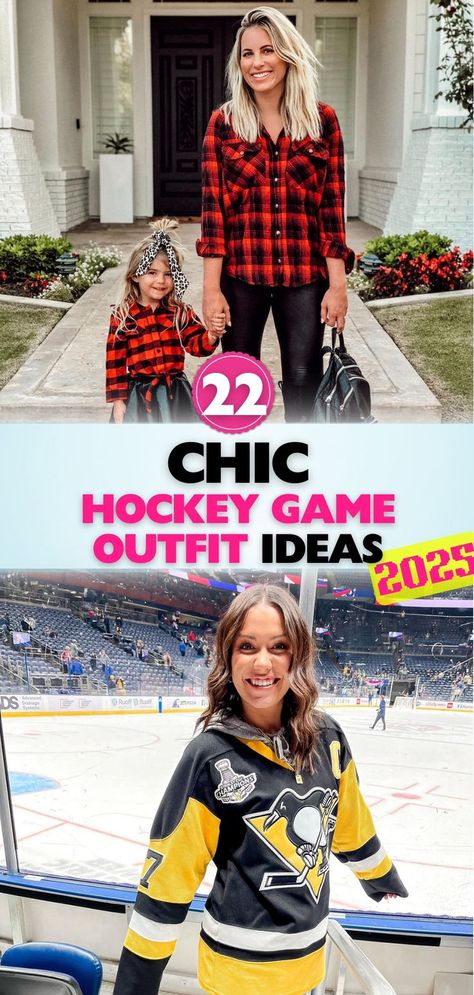 Looking for hockey game outfit ideas that are stylish and comfortable? Explore these unique looks that showcase your team spirit without sacrificing fashion. Cute Outfits To Wear To A Hockey Game, Blackhawks Game Outfit, Cute Hockey Game Outfit Casual, Outfit For Hockey Game Cute, Blackhawks Outfit Woman, How To Dress For A Hockey Game, Womens Hockey Game Outfit, Nhl Outfit Woman, Hockey Game Day Outfit