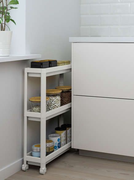 Vesken Cart Ikea Ideas, Ikea Vesken Ideas, White Bathroom Shelf, White Bathroom Shelves, White Shelving, White Shelving Unit, Kallax Shelf Unit, Ikea Raskog, Cheap Couch