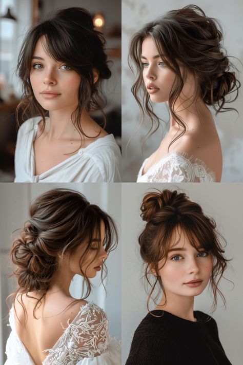 8 Stunning Updo Hairstyles with Bangs to Elevate Your Look Best Updos For Long Faces, Face Framing Wedding Hairstyles, Wedding Hair Down With Bangs, Wedding Hairstyle Bangs, Brides Hairstyles Updo, Hairstyles Up Do, Wedding Hairstyles Bangs, Bride Hairstyles With Bangs, Updos With Curtain Bangs