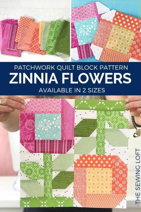 Zinnia Flowers Quilt Block - The Sewing Loft Zinnia Quilt Block Pattern, Coneflower Quilt Block, Bullseye Flower Quilt Pattern, Flower Quilts Patterns Free, Flower Quilt Blocks Easy, Easy Flower Quilt Block, Easy Flower Quilt Block Free Pattern, Pieced Flower Quilt Blocks, Floral Quilt Blocks