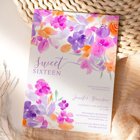 Pink Purple Orange Birthday Party, Orange And Purple Party, Party Theme Sweet 16, Floral Sweet 16, Elegant Garden Party, Summer Birthday Invitations, Elegant Birthday Invitations, Sweet 16 Party Invitations, Watercolor Orange